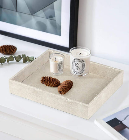 HofferRuffer Faux Leather Vanity Tray, Elegant Desktop Storage Organizer, Decorative Catchall for Perfume, Bathroom Valet, Nightstand or Dresser, 10.2 x 8.4 x 1.8 inches (Grey Stripe)