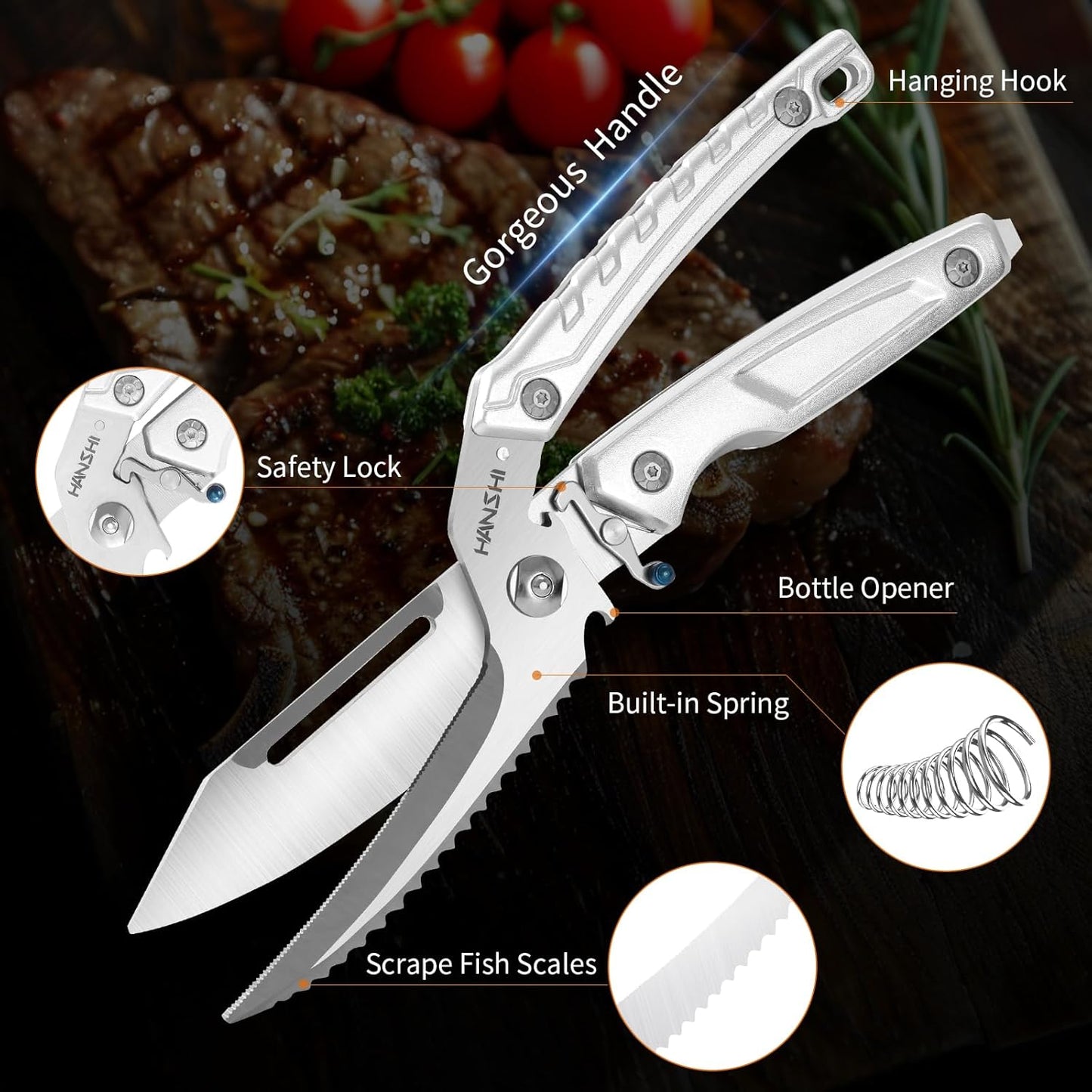 HANSHI Detachable Poultry Shears for Food Cutting Heavy Duty Stainless Steel Kitchen Scissors for Chicken, Bone, Meat, Turkey, Fish,Multi Purpose Scissor for Cooking (Silver)