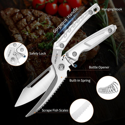 HANSHI Detachable Poultry Shears for Food Cutting Heavy Duty Stainless Steel Kitchen Scissors for Chicken, Bone, Meat, Turkey, Fish,Multi Purpose Scissor for Cooking (Silver)