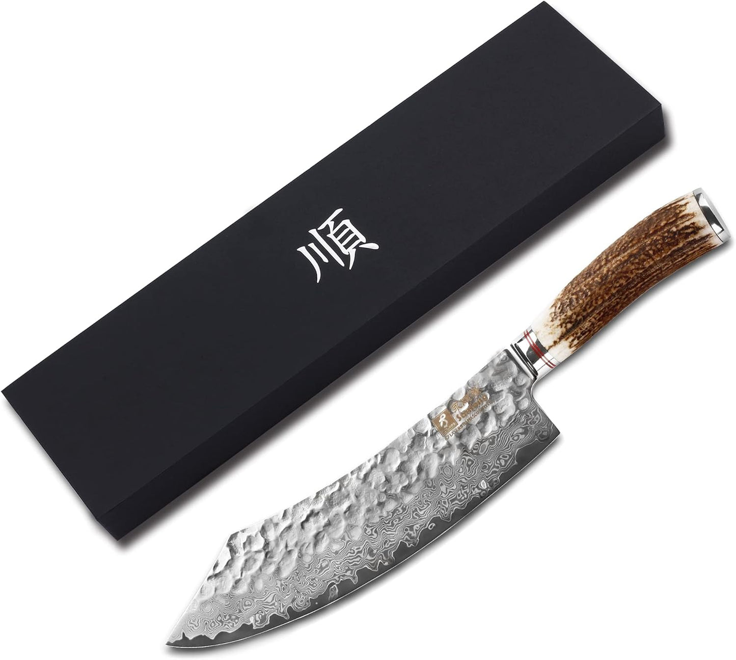 SUNLONG Usuba & Nakiri Knife 6.5 inch Fruit and Vegetable Knife Japanese Hammered Damascus Steel Super sharp - Natural Deer Horn Handle
