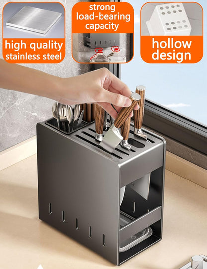 BUniq Stainless Steel Knife Block Without Knives,Universal Kitchen Knife Holder With Utensil Holder,Knives Storage Stand With Detachable Slots For Scissors And Chopsticks(Ordinary style,black)