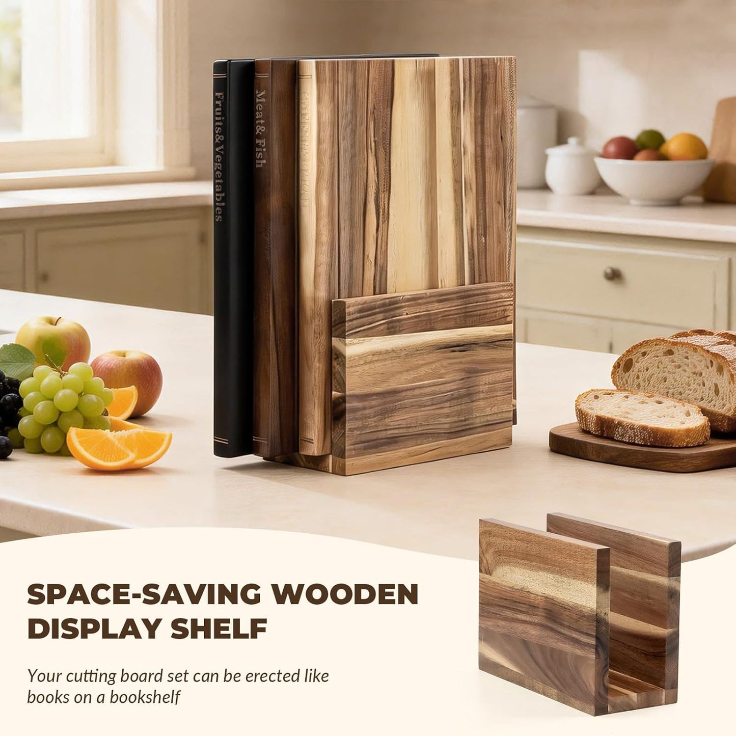 Book Cutting Board Set with Stand，Wooden Cutting Boards That Look Like Books for Serving & Display，Acacia Wood for Meat, Vegetables, Cheese & Bread，3-Piece Set