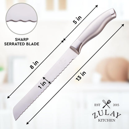 Zulay Kitchen Serrated Bread Knife - 8 Inch Stainless Steel Bread Cutter for Homemade Bread, Cake, Bagels, Pastries - Sharp & Durable Slicing Knife with Tip Safety Guard - Non-Slip 5" Handle - Blue