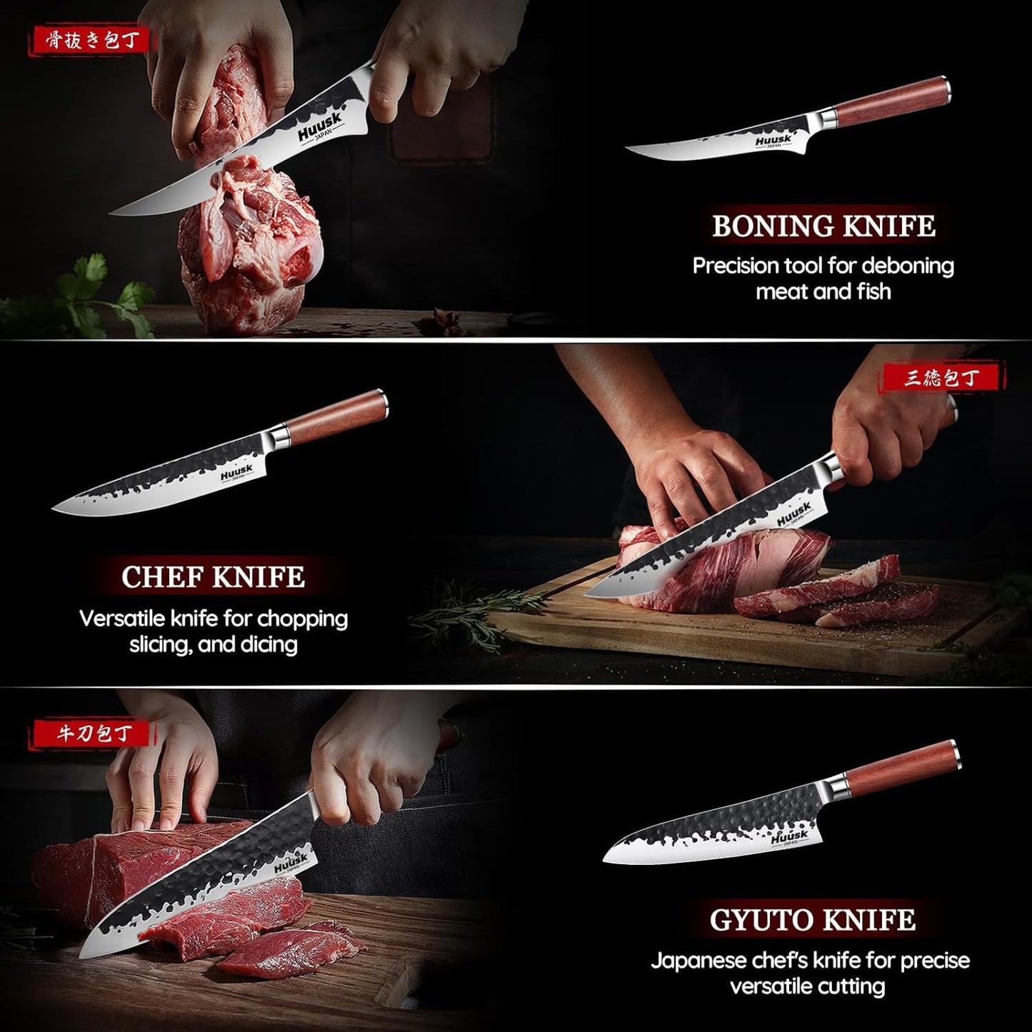 Huusk Japanese Chef Knife Set 6 pcs, Kitchen Knives with Hand-forged High Carbon Steel Blade, Sharp Cooking Knife Set with Ergonomic Wood Handle, Professional Kitchen Knives Sets, Gift Idea for Men