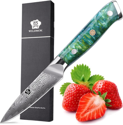 WILDMOK Paring Knife 3.5 Inch, Japanese Damascus Fruit Knife, Small peeling knife Perfect for Cutting Fruit Vegetables Petty Knife
