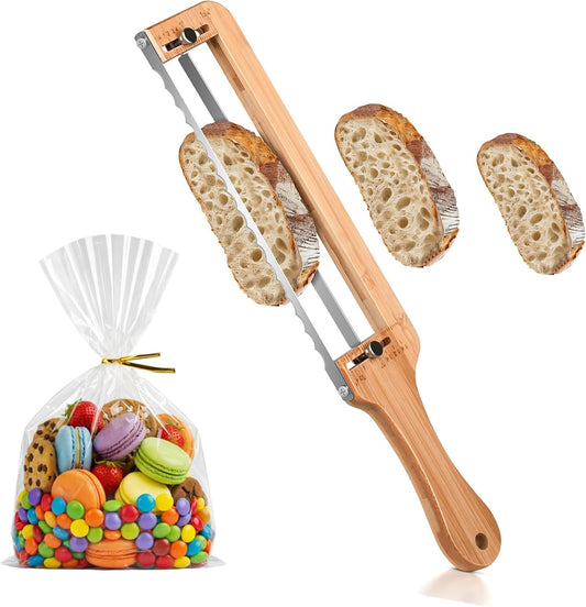 Adjustable Bread Knife, Manual Bow Sourdough Slicer, Stainless Steel Serrated Blade with 5pcs 13’‘x7.8'‘ Clear Bread Bags