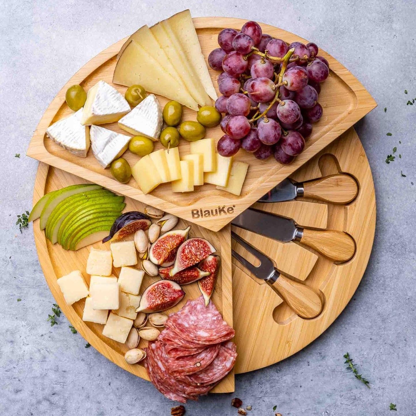 Bamboo Cheese Board and Knife Set 14x11 inch – Wood Cheese Cutting Board, Serving Tray Platter, Charcuterie Board Set with 4 Cheese Knives – BlauKe®