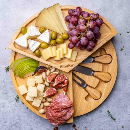 Bamboo Cheese Board and Knife Set 14x11 inch – Wood Cheese Cutting Board, Serving Tray Platter, Charcuterie Board Set with 4 Cheese Knives – BlauKe®