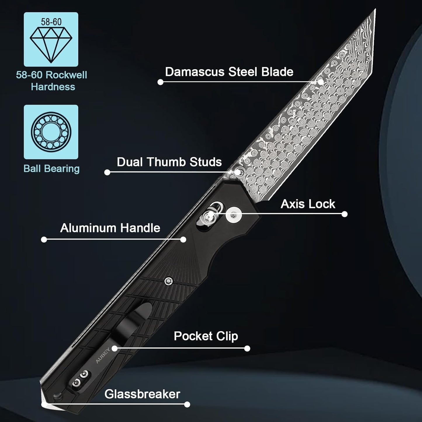 AUBEY Damascus Pocket Knife with Clip, Sharp Tanto Blade with VG10 Core Folding Knife with Abalone Shell Handle and Glass Breaker, EDC Camping Knife for Gift Survival Collection