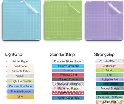 12x12 inch Cutting Mat for Cricut Maker 3/Explore 3/Maker/Air /2/One (4pack-2x Standardgrip、Lightgrip、Stronggrip) Adhesive&Sticky Non-Slip Flexible Square Gridded Variety Cut Mats Set