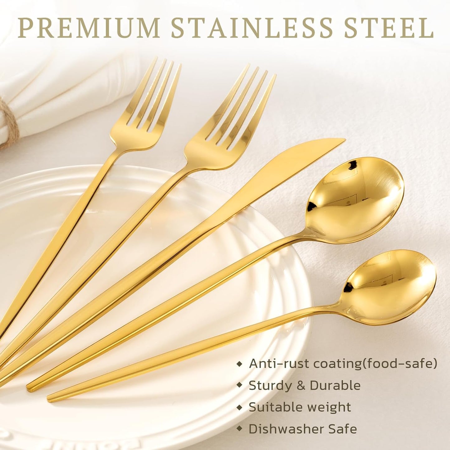 Astercook Silverware Set 48-Piece Gold Flatware Set with Steak Knives Food-Grade Stainless Steel Cutlery Set for 8 Mirror Polished Utensils Set for Home Kitchen Restaurant Valentine's Gift