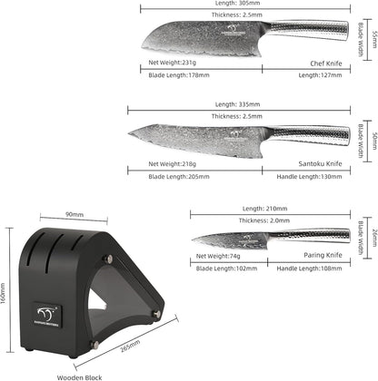 18 Pieces Damascus Kitchen Knife Set, 8 Piece Steak Knives, Non-slip ABS Ergonomic Triple Rivet Handle for Meat Fork, Knife Sharpener and Shears, 17 Slots Fraxinus Manchuria Knife Block (Grey)