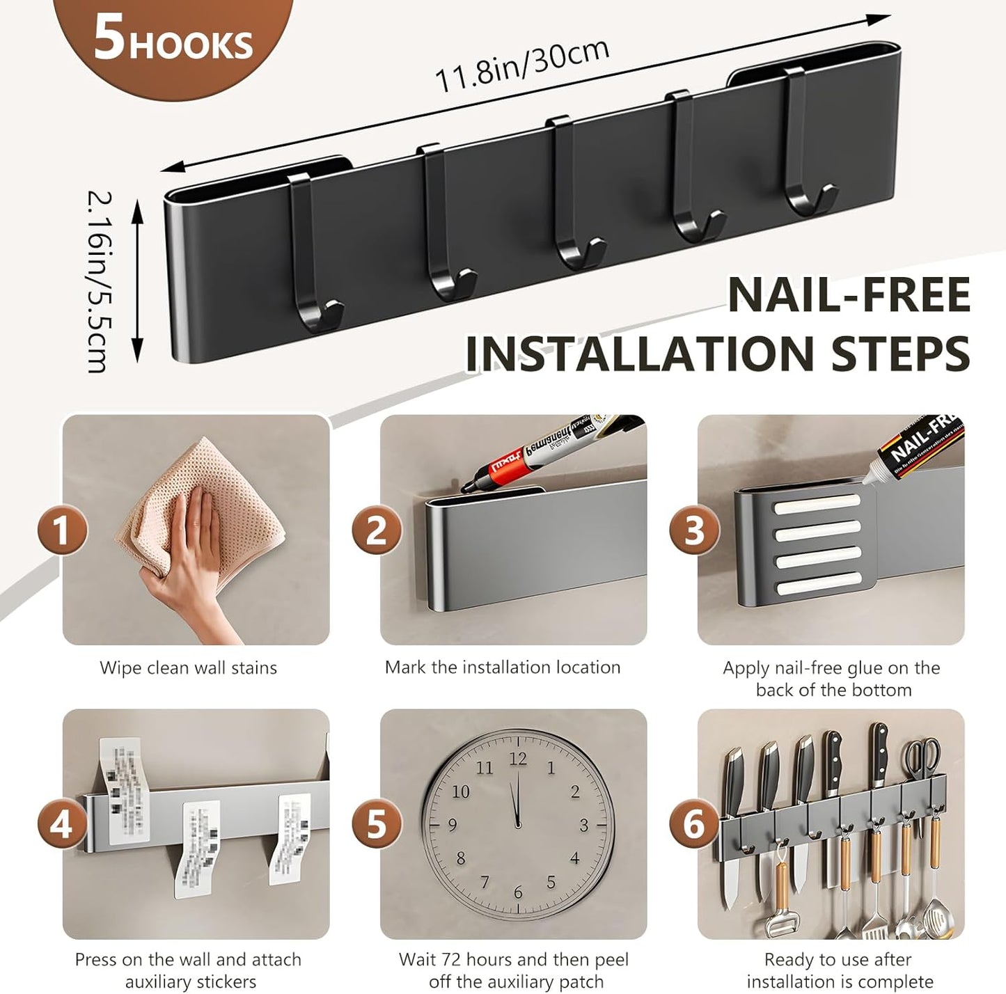 Knife Holder for Wall Mount-Knife Strips with Hooks Stainless Steel Wall Knife Rack-Knife Block-Knife Rack-Utensil Hanger-Kitchen Utensil Holder (Black, 50 CM+9 Hooks)