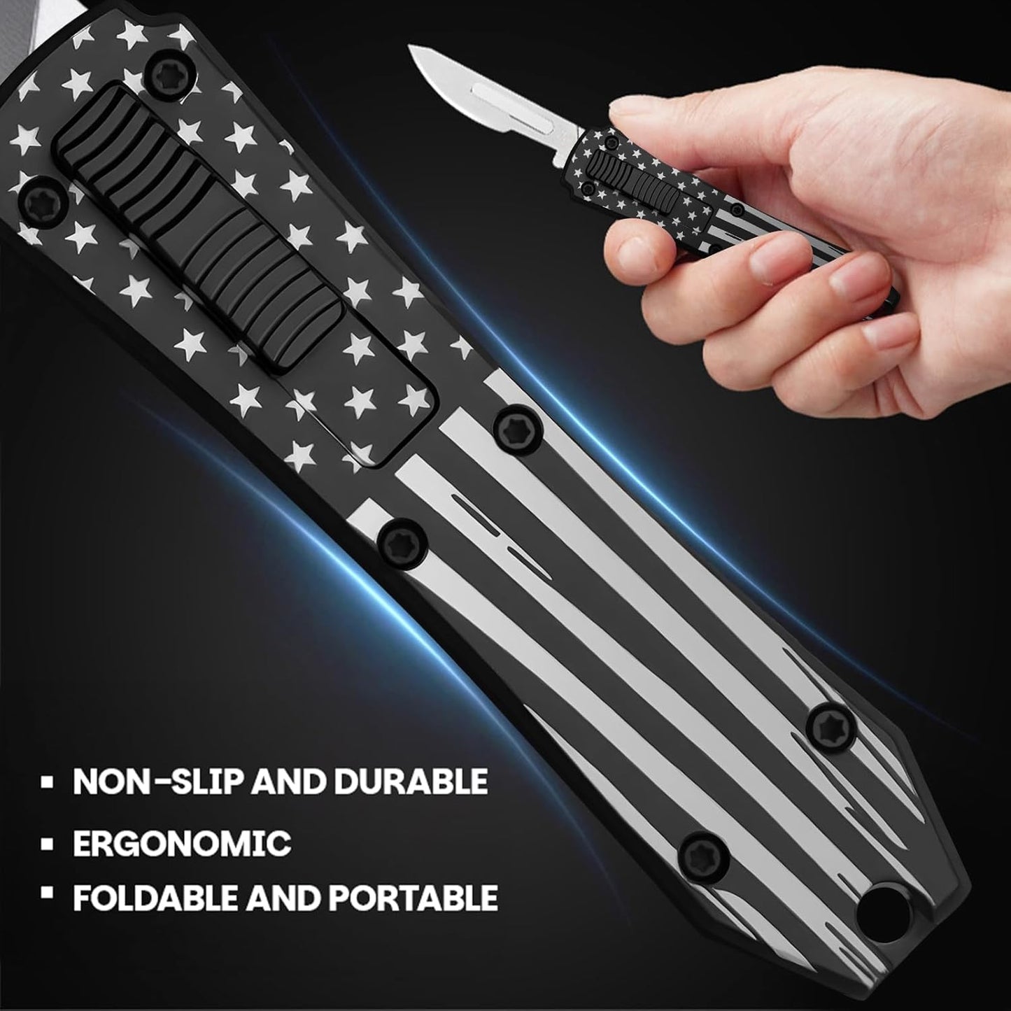 Automatic Utility Knife,All Metal Construction Carbon Stainless Steel Blade,Box Cutter Quick Change Retractable,EDC Push Button with Clip,10PCS #23 Blades Replacement,Stars&Stripes