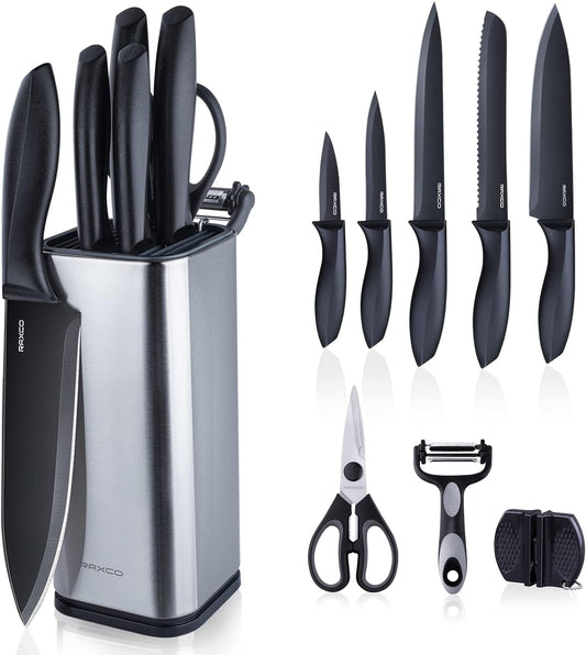 RAXCO 10-Piece Kitchen Knife Set | Stainless Steel Holder | Compact Design - Gray