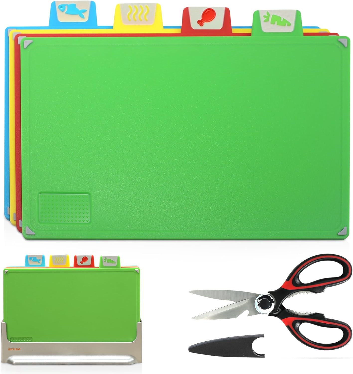 4-Piece Non-Toxic Cutting Board Set with Premium Scissors – BPA-Free Plastic and Rubber Chopping Boards for Kitchen Essentials with Organizer, Dishwasher Safe Accessories Holder.