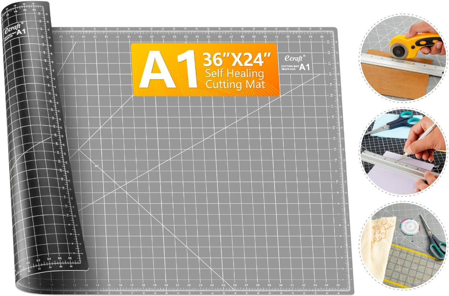Ecraft Self Healing Cutting Mat 18x12 Inch A3, 5-Ply Double Sided Rotary Cutting Board with Grid, Grey/Black for Sewing, Quilting, Fabric & Craft Projects