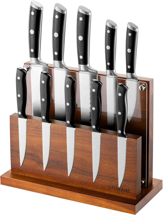 Magnetic Knife Block Extra Large Four-Side Kitchen Knife Holder With Strong Magnetic Strips -Acacia Wood Universal Knife Storage Organizer with Acrylic Shield No Drilling Rack for Kitchen Counter