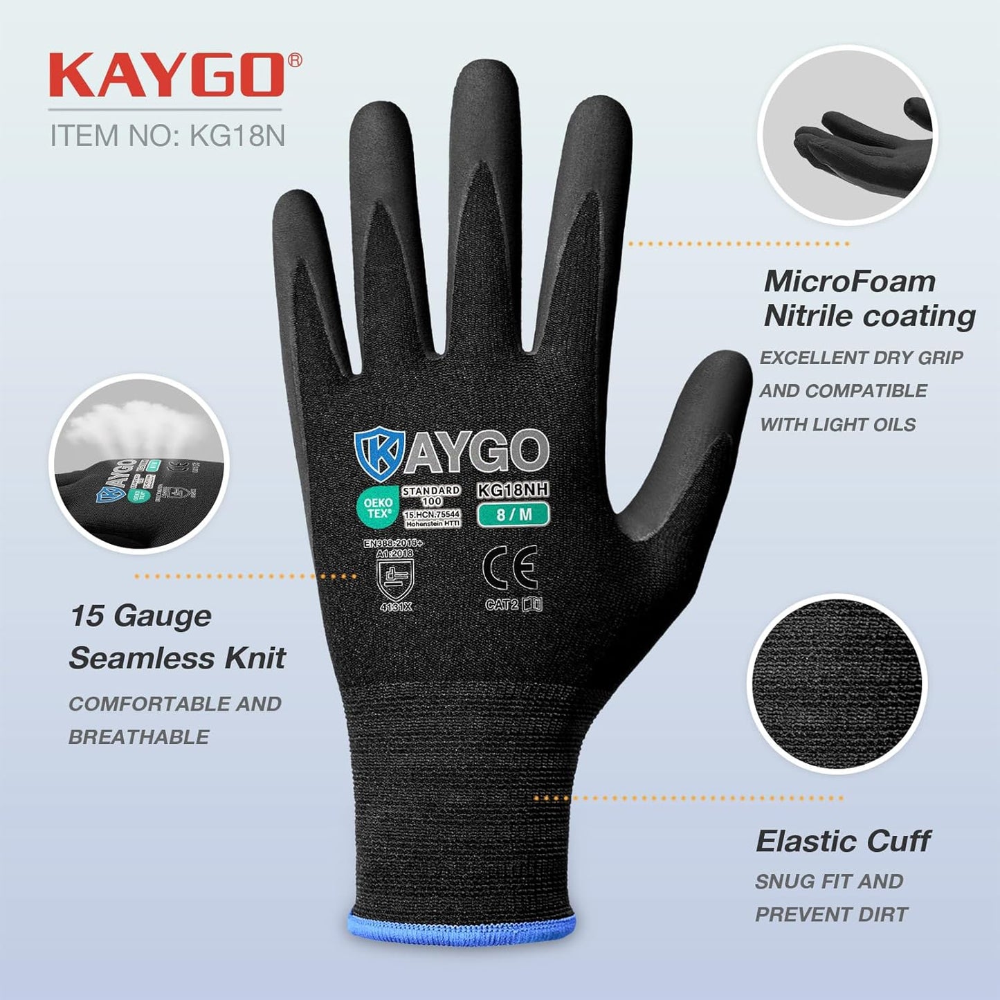KAYGO Safety Work Gloves MicroFoam Nitrile Coated, 3 Pairs KG18NB,Seamless Knit Nylon Glove for Men and Women, Ideal for Automotive,Warehouse,Construction (Small,Gray)
