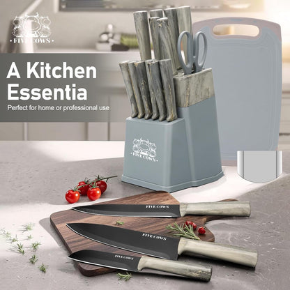 16-Piece Kitchen Knife Block Set with Cutting Board - German Stainless Steel Knives, Built-In Sharpener, Dishwasher Safe, Anti-Slip Handle - All-in-One Cutlery Set for Home/Kitchen (Cyan)