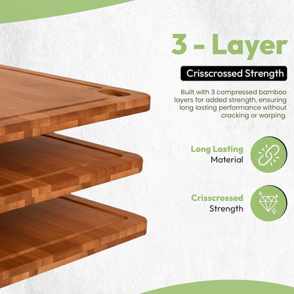 Greva 3 Piece Bamboo Cutting Board Set with Juice Grooves, Non-Slip Feet Built-in Handles, Deep Carbonized Wood for Meat Fruit and Cheese Includes 3-in-1 Wooden Cutlery Set
