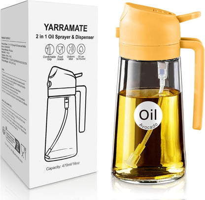 YARRAMATE 16oz/470ml Glass Olive Oil Sprayer for Cooking with Stickers, 2 in 1 Oil Dispenser for Kitchen Gadgets, Food Grade Premium Spray Bottle for Salad, Frying, BBQ (Creamy White)