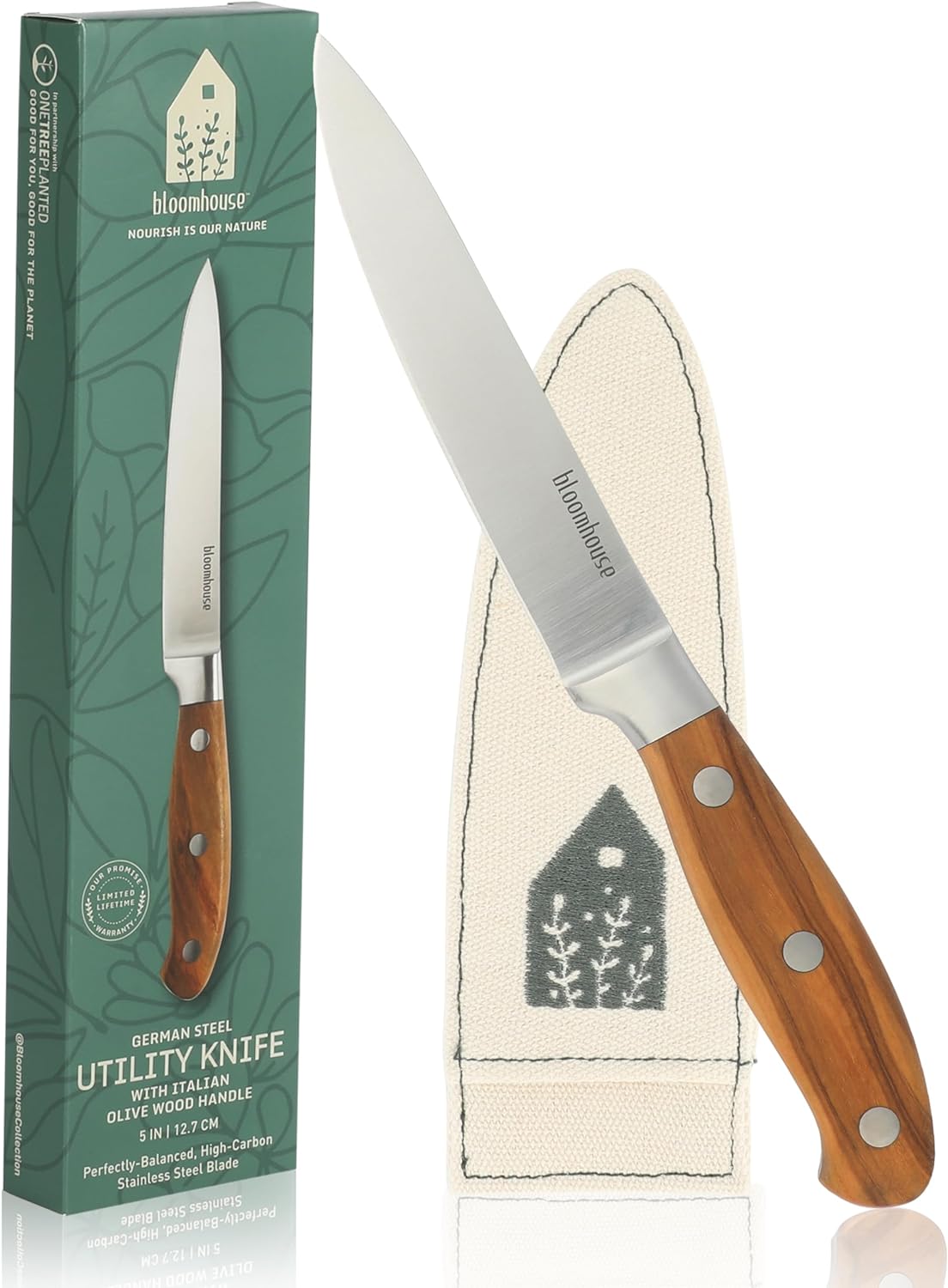 Bloomhouse - Two Time Oprah's Favorite Things Winner - 5" Utility Boning Kitchen Knife German Stainless Steel Blade w/Forged Italian Olive Wood Handle Full Tang for Meat Poultry & Precision Cutting