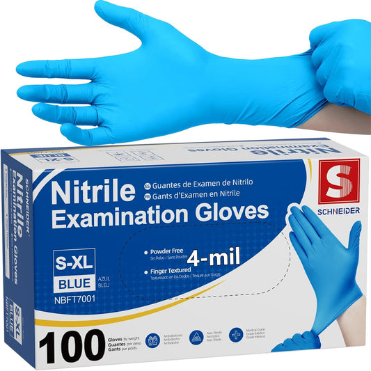 Schneider Nitrile Exam Gloves, Blue, 4 mil, Powder-Free, Latex-Free, for Medical Exam, Cleaning and Food Prep, Non-Sterile