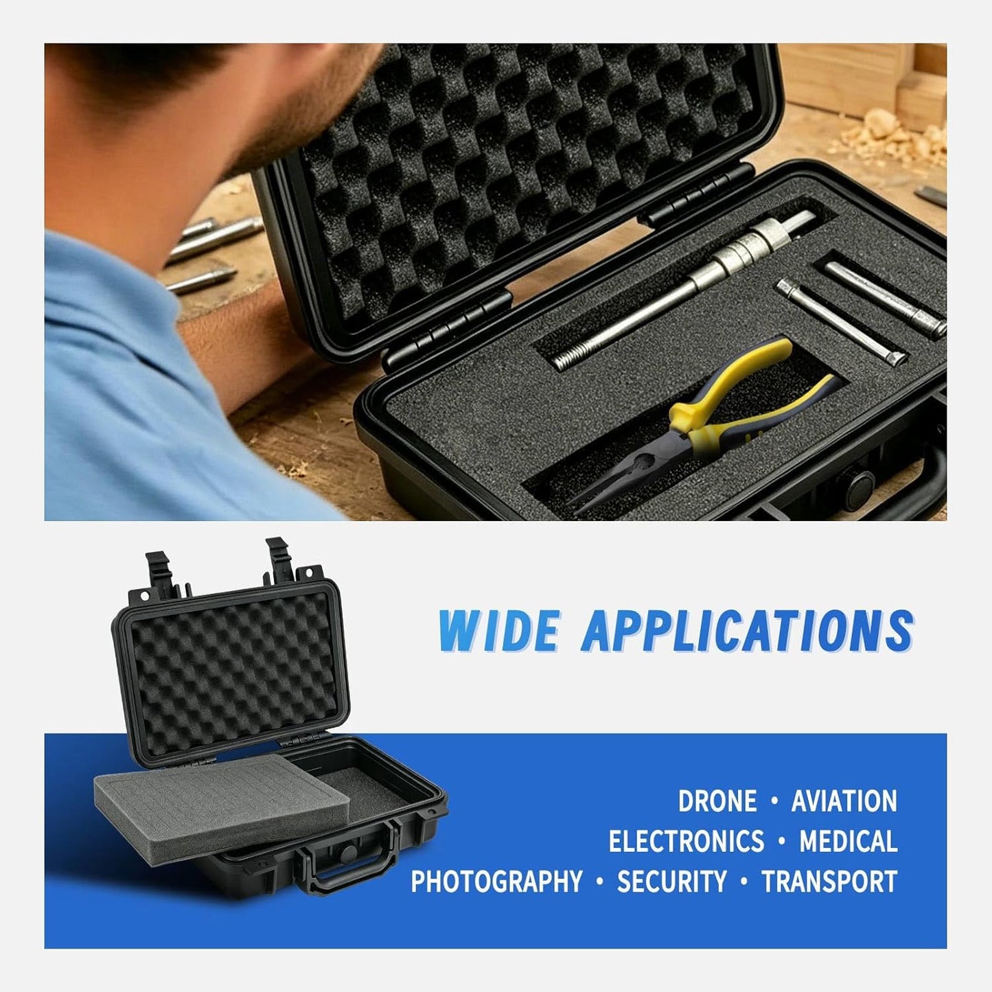 GreenCycle 14.3 x 11.4 x 4.5 Inch Waterproof Hard Case with DIY Customizable Foam Insert Portable Protective Storage Case with Knife for Camera Drones Equipments Tools Test Instruments,Black