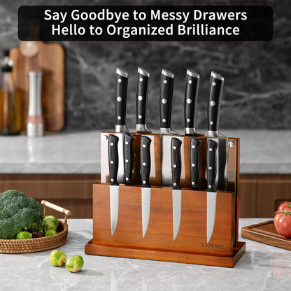 Magnetic Knife Block Acacia Wood -Double Sided Magnetic Knife Holder Rack for Kitchen Counter -Universal Knife Block Without Knives Wooden Multifunctional Storage Fully Assembled