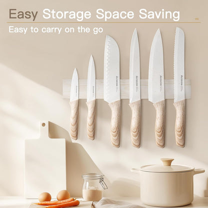 Astercook Knife Set, 13 Pieces Kitchen Knives Set with Ceramic Coating, Stainless Steel Chef Knife Sets with 6 Blade Guards, Dishwasher Safe Knives with Wooden Handle, White Mothers Day Gifts