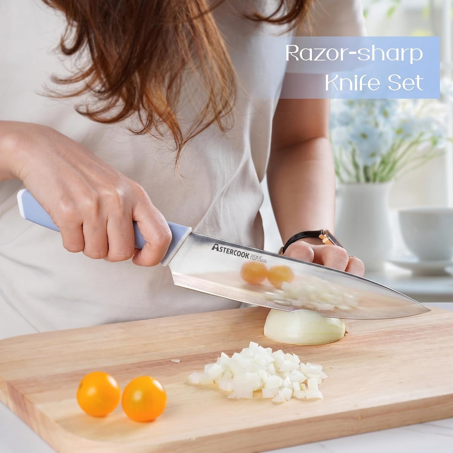 Astercook Knife Set, Kitchen Knives Set with Block and Sharpener 15 Pcs German Stainless Steel Knives Sharp Blade Dishwasher Safe Deba Knives with Ergonomic Handle, Crystal Pink