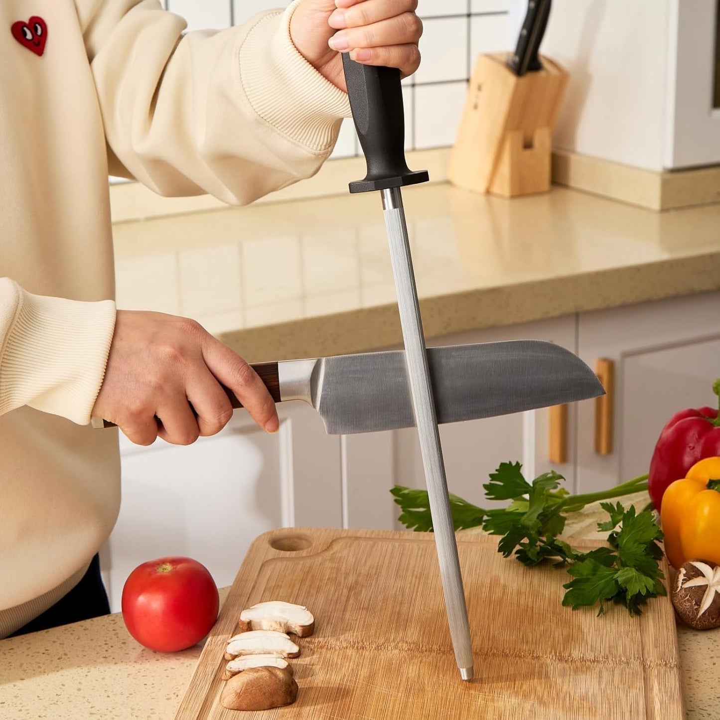 HiramWare Knife Sharpener Rod, 10 Inch Honing Steel for Knives, Professional Magnetic Sharpening Stick, Premium High Carbon Steel with Hard Chrome Plating, Easy to Grip for All Kitchen Knives