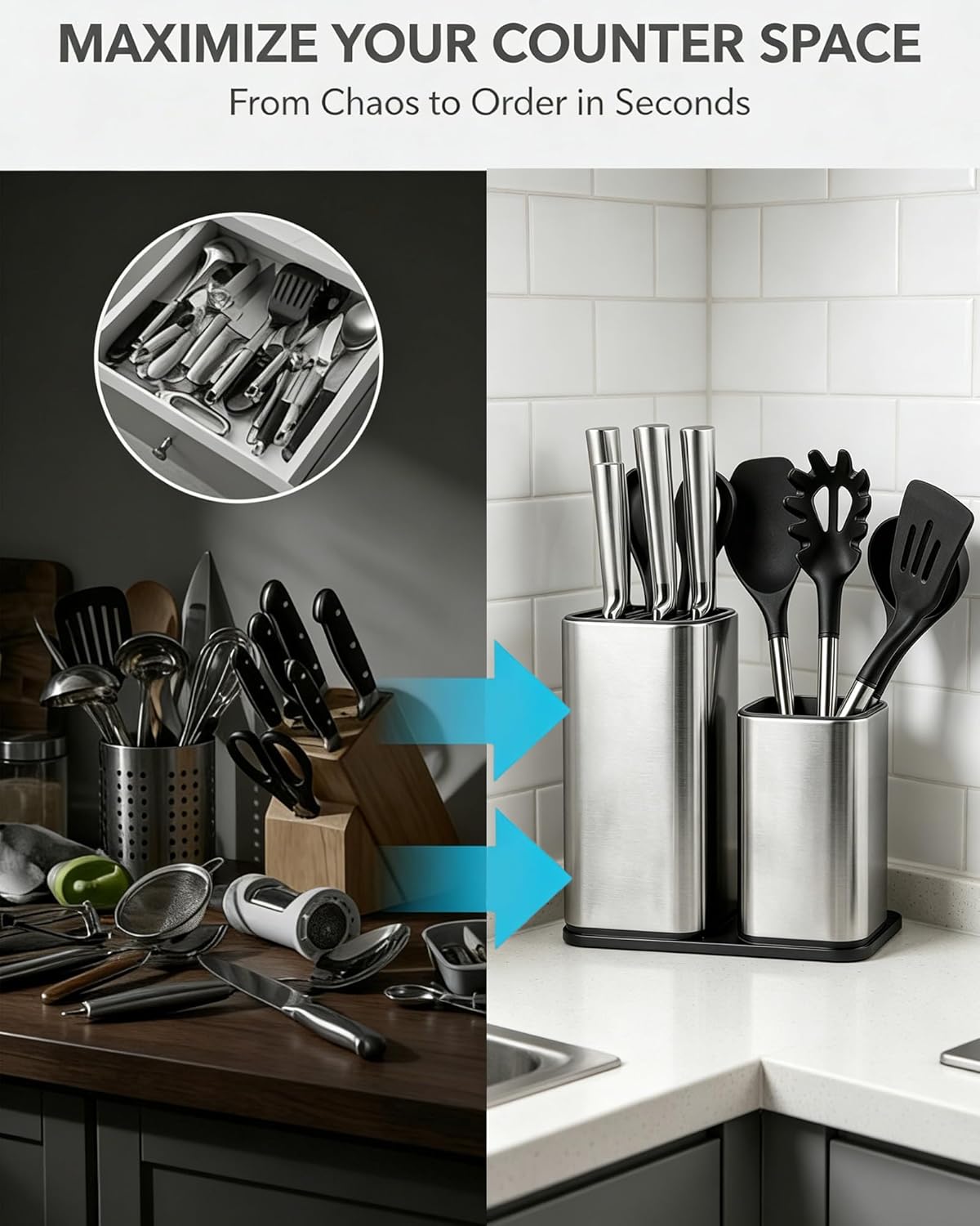 Universal Knife Block, 3-in-1 Stainless Steel Knife Holder and Utensil Holder, Extra Stable Non-Slip Base Kitchen Organizer for Countertop Storage, Space Saving Caddy for Knives, Spoons, Fork