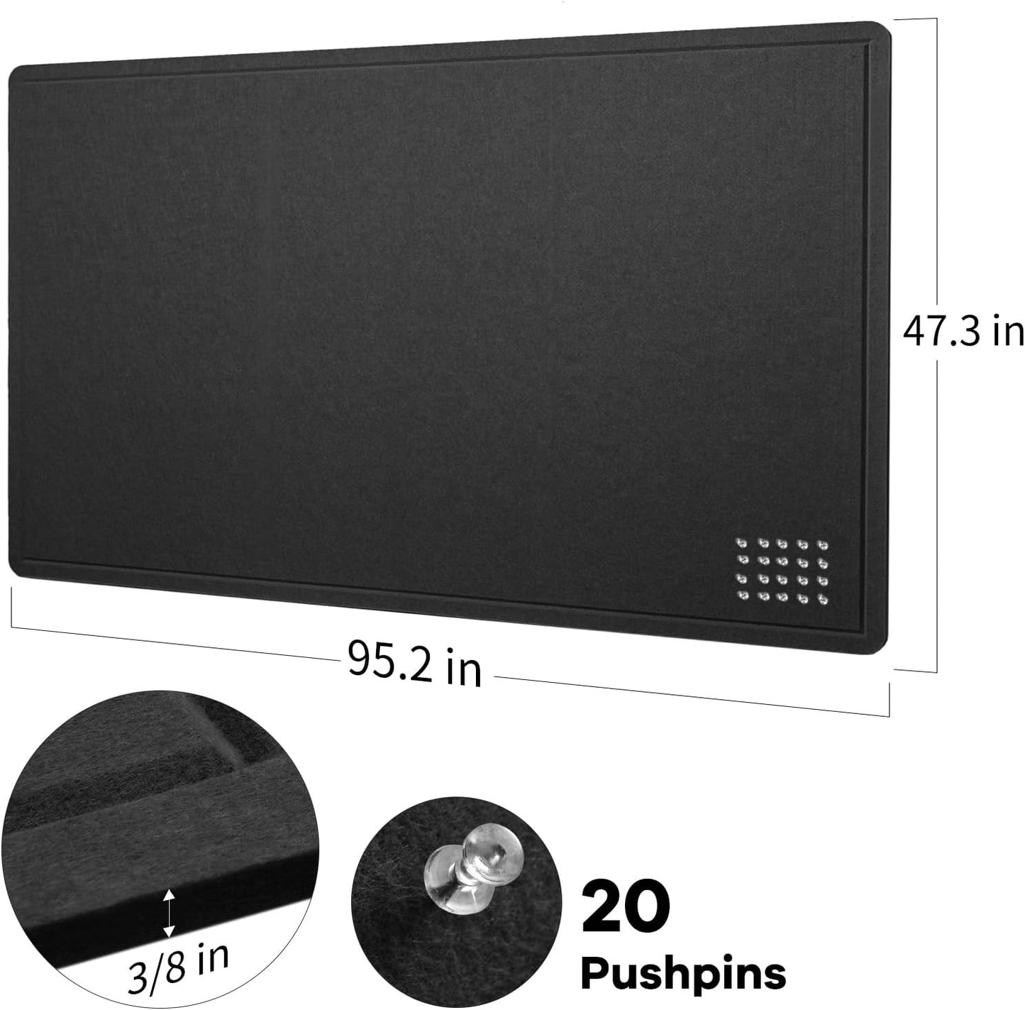 Lightomorrow Bulletin Board, 36 x 24 inches Felt Board - Decorative Pin Board, Cork Board Alternative for Wall, 3' x 2' Foldable Self-Adhesive Vision Board Prayer Board with 20 Pushpins - Black