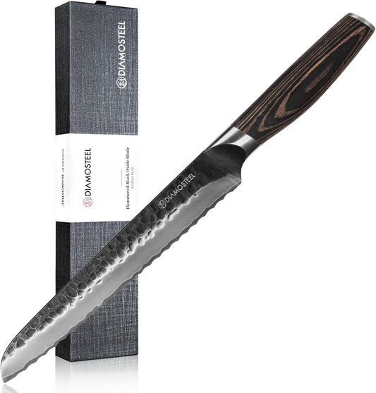 Bread Knife - 8-Inch Serrated Bread Knife - Hammered Black Oxide Blade Japanese 9CR18MOV High Carbon Stainless Steel Sharp Bread Knife - Ergonomic Pakkawood Handle with Present Box