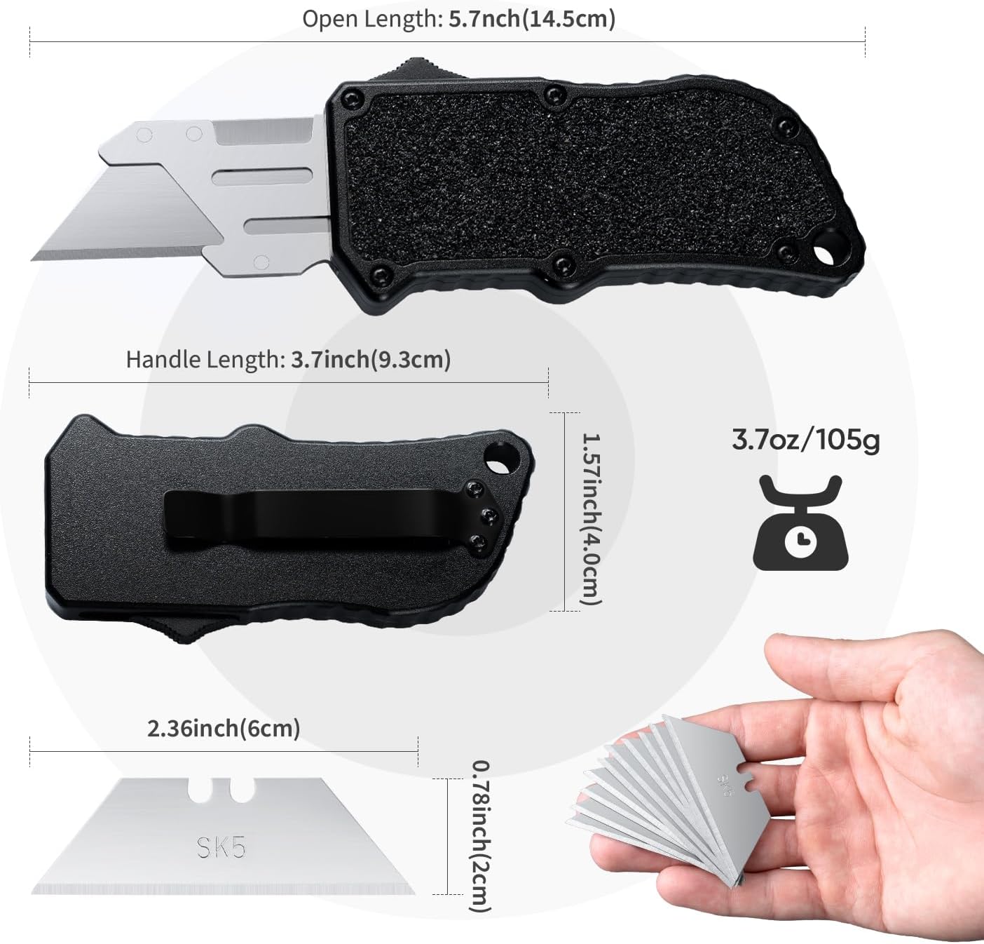 XXV Aluminum Alloy Utility Knife, Box Cutter,Cute Heavy Duty Pocket Knife, Safety Replaceable Blade EDC Razor Knives with 10Pcs Replaced Blades,Black