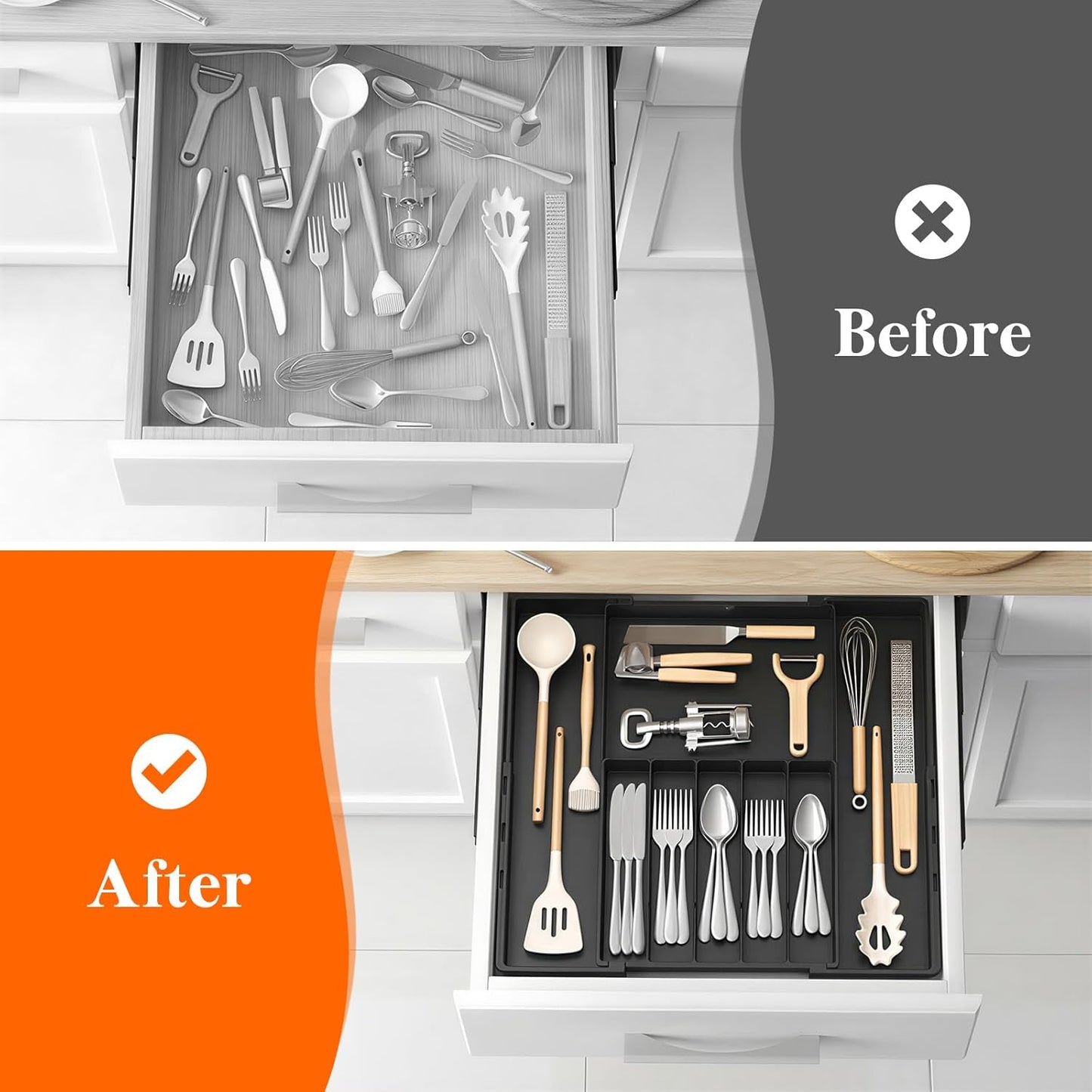 Lifewit Silverware Drawer Organizer, Expandable Utensil Tray for Kitchen, BPA Free Flatware and Cutlery Holder, Adjustable Plastic Storage for Spoons Forks Knives, 4-7 Slots, White