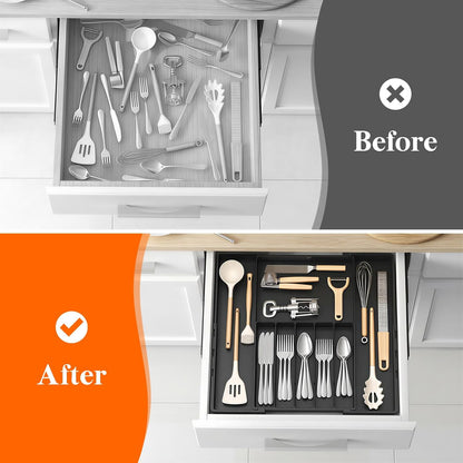 Lifewit Silverware Drawer Organizer, Expandable Utensil Tray for Kitchen, BPA Free Flatware and Cutlery Holder, Adjustable Plastic Storage for Spoons Forks Knives, 4-7 Slots, White