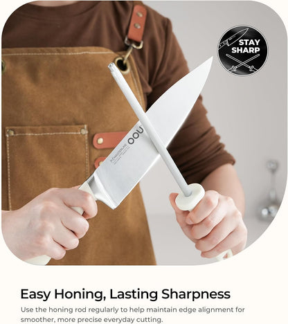 OOU 2025 Kitchen Knife Set with Block, 15-Piece German Stainless Steel Knife Blcok Set with Sharpening Rod, Ergonomic Wood Handle,Premium Razor-Sharp Knives Set for Kitchen