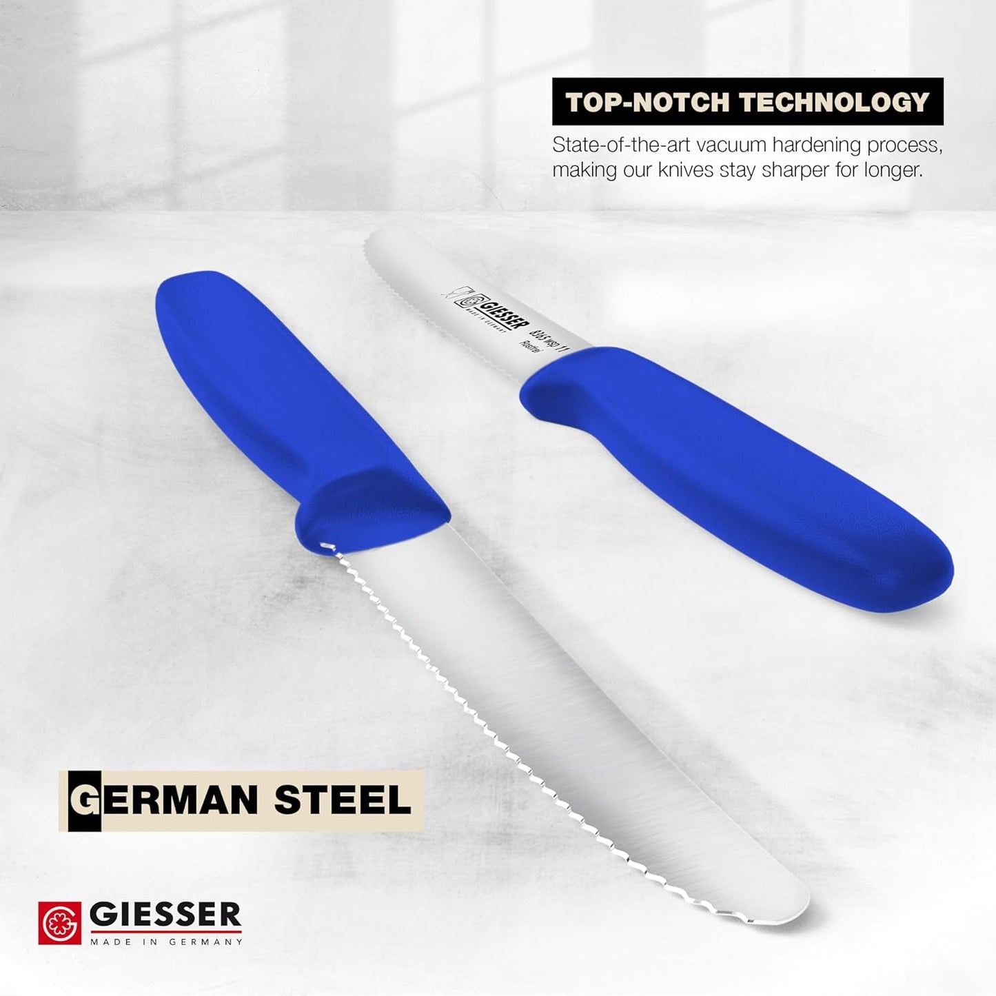 Giesser since 1776, Made in Germany, Serrated kitchen knives round tip dishwasher safe 4.5 inch - Tomato knife, Steak knive set of 6 (MIX Color)
