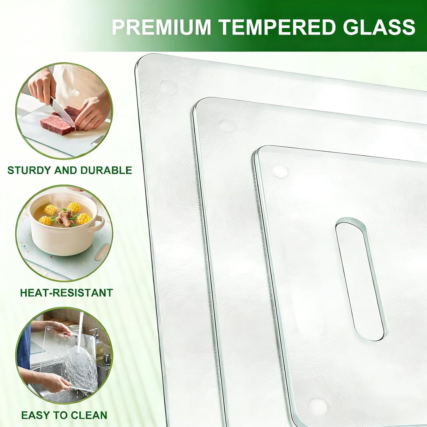 Tempered Glass Cutting Board with Handle, 3PCS Frosted Glass Cutting Board for kitchen counter, Non Toxic, Plastic Free, Scratch Resistant, Dishwasher Safe, Easy to Clean(16"x12"&15"x10"&12"x8")
