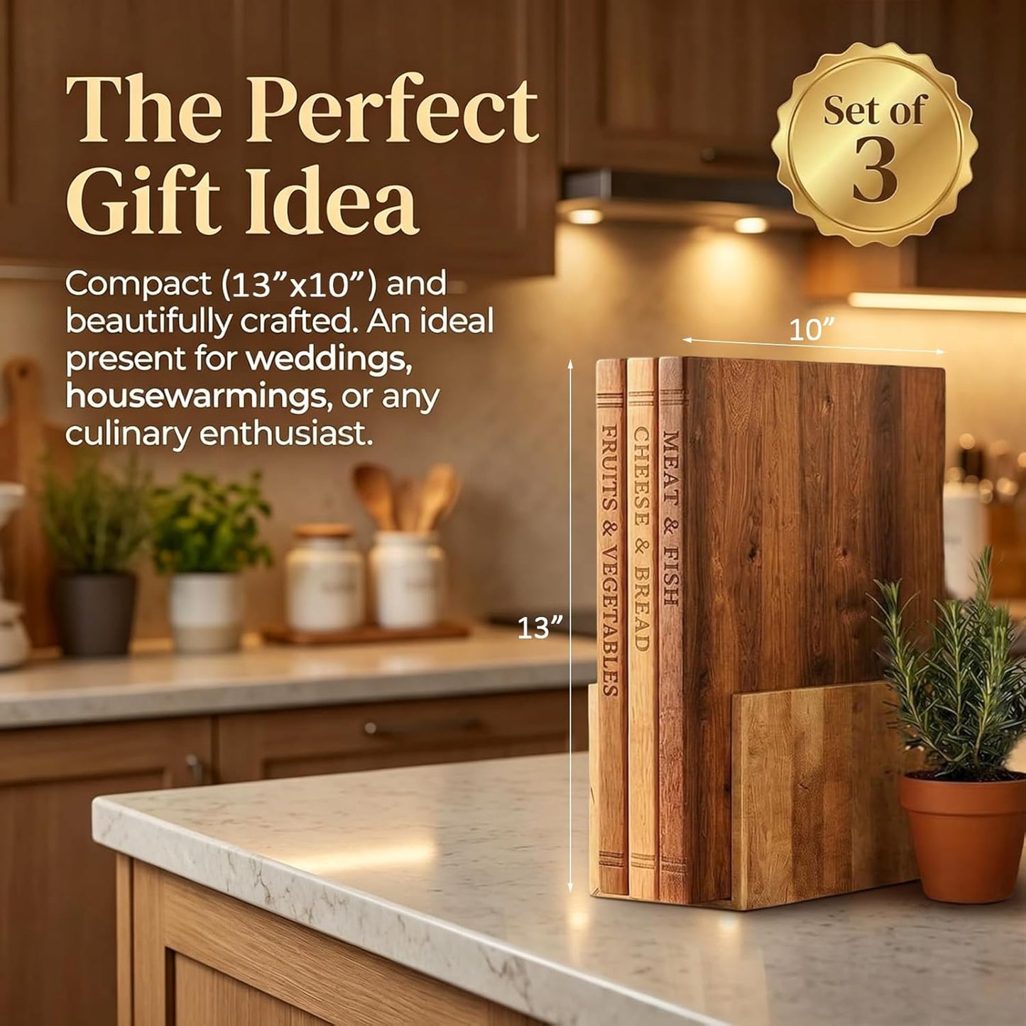 3-Piece Book-Shaped Cutting Board Set - Food Safe, Non-Slip Chopping Boards for Kitchen Organization and Stylish Serving,Acacia Wood