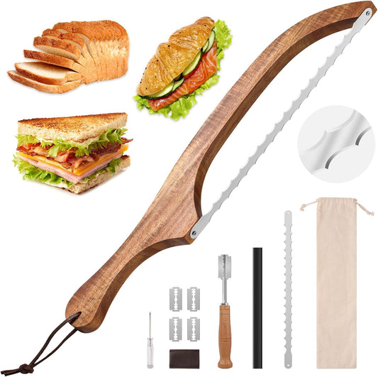 Mooues Bread Knife Set, Acacia Wood(15.7") - Double Serrated Bread Knife for Homemade Bagels, Baguettes and More - Sourdough Bread Slicer, Cuts Thin, Even Slices - Premium Stainless Steel
