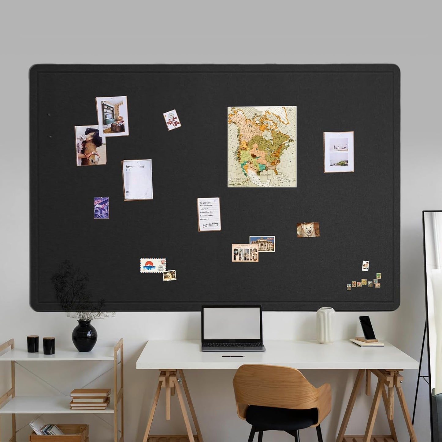 Lightomorrow Bulletin Board, 36 x 24 inches Felt Board - Decorative Pin Board, Cork Board Alternative for Wall, 3' x 2' Foldable Self-Adhesive Vision Board Prayer Board with 20 Pushpins - Black