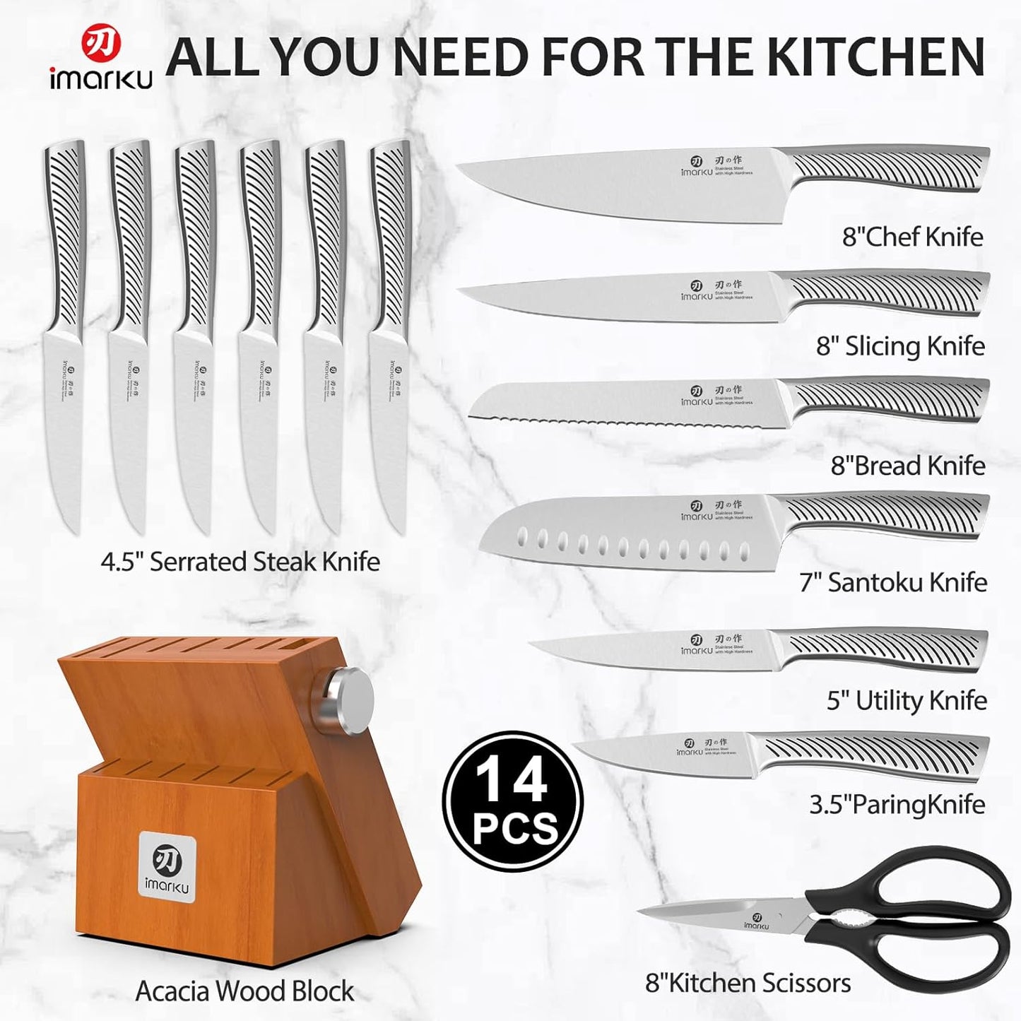 imarku 14-Piece Knife Block Set, Knife Set with Block and Build-in Sharpener, Japanese Stainless Steel Knife Set for Lasting Sharpness, Dishwasher Safe, Black