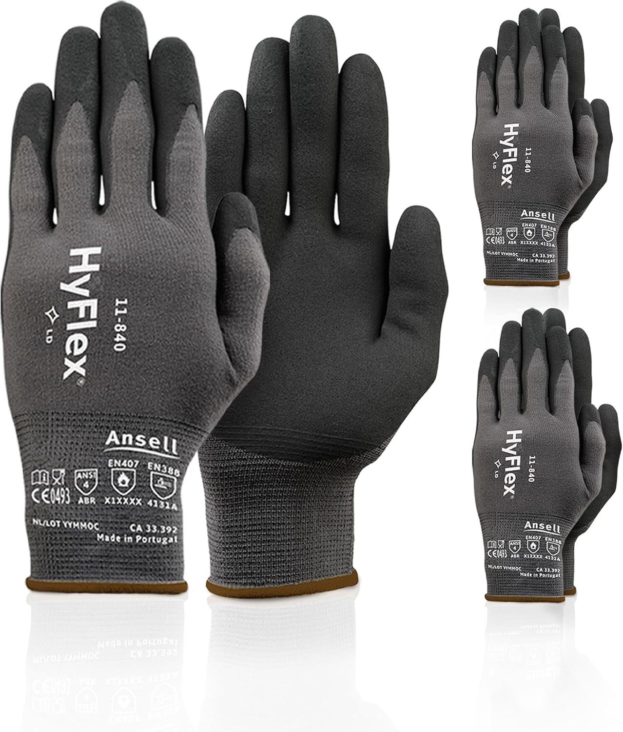 Ansell HyFlex 11-840 Ergonomic Abrasion-Resistant Nylon Spandex Nitrile Coated Industrial Gloves for Automotive, Fabrication