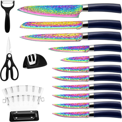Rainbow Titanium Knife Set, Non Stick Thick and Sharp Stainless Steel 15 Pcs Cutlery Kitchen Knives Set with Acrylic Block, Chef Quality for Home & Pro Use, Best Gift, Pink Color