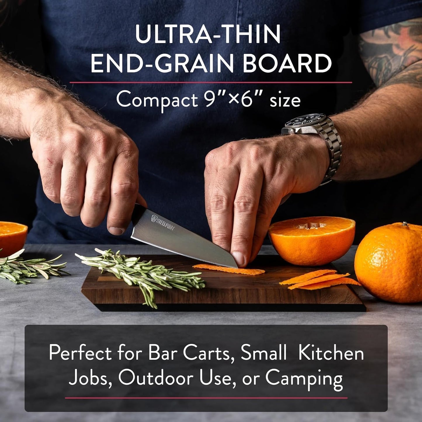 STEELPORT Small Cutting Board 9"x6" - Steel Reinforced, Utlra-thin Butcher Block | Dual Sided - End-grain Walnut Wood, Composite Side | Chopping Board with Juice Groove | USA Made for Home, Chefs