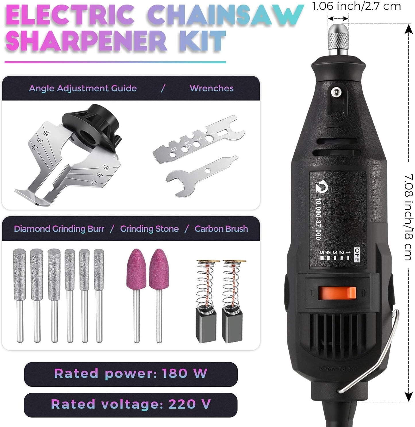 Electric Chainsaw Sharpener Kit 180W Power Chain Saw Sharpen Tool Set with 6 Diamond Sharpening Wheels, Angle Attachment, Wrench for Sharpening Outdoor Gardening Tool 5 Speed Setting, 8000~35000 RPM